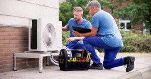 Technician inspecting an HVAC unit Grand Junction, CO